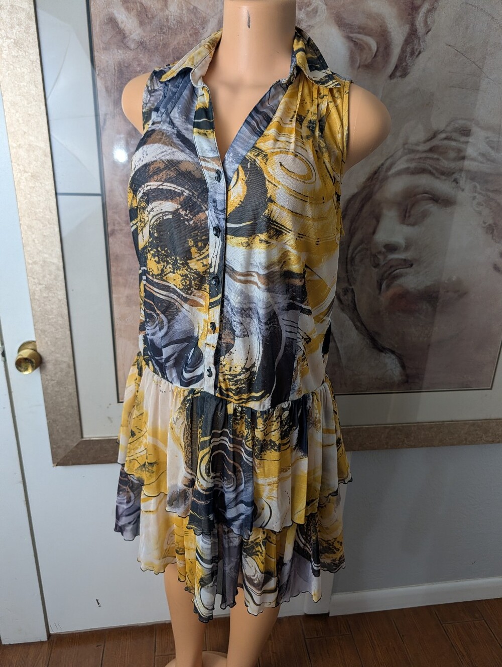 Lindi Sleeveless Tiered Button-Front Dress Abstract Print Size L